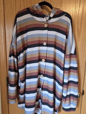 Striped Hooded Button Cardigan in Blue, Brown, Black
